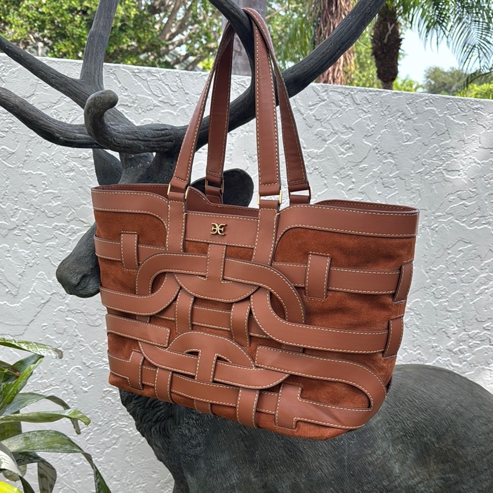 Sam Edelman Cognac Suede & Woven Leather Tote Bag